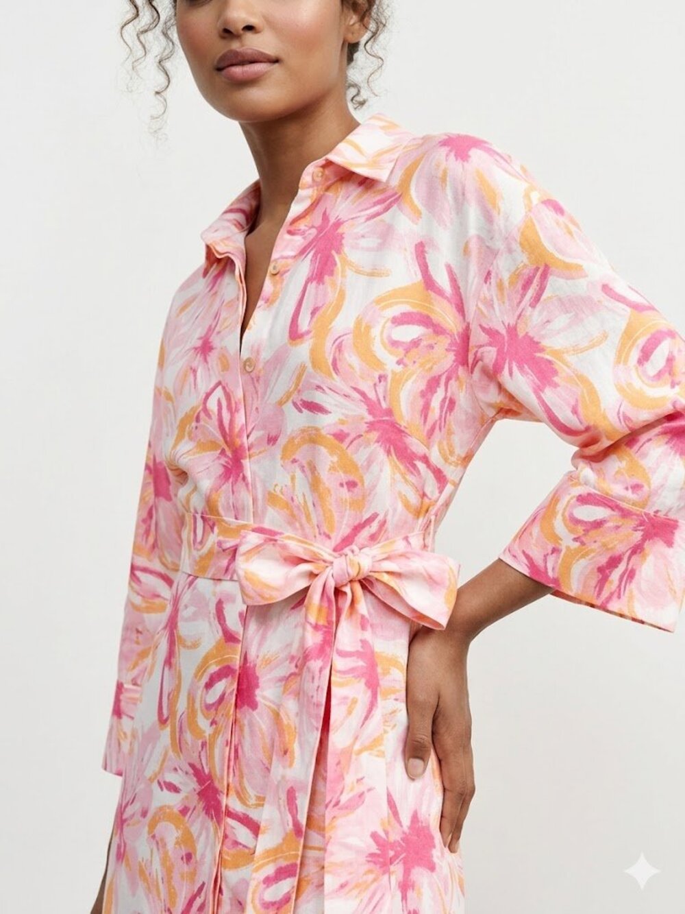 Zara Watercolor Linen Blend Floral Button Down Shirt Dress with Attached Belt S